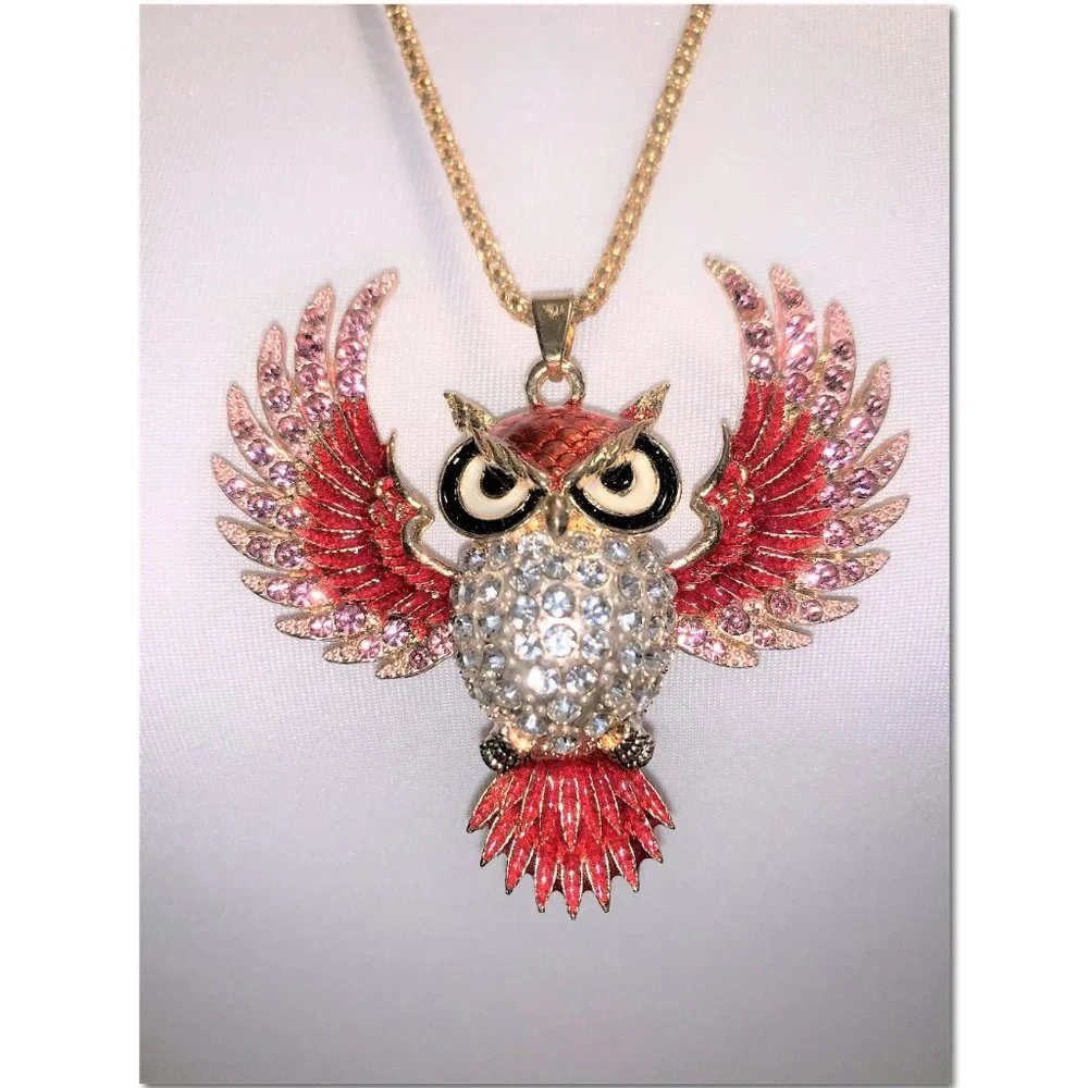 Betsey Johnson Sparkly Open Winged Crystal Owl Pendant Statement Necklace EUC - Picture 2 of 6